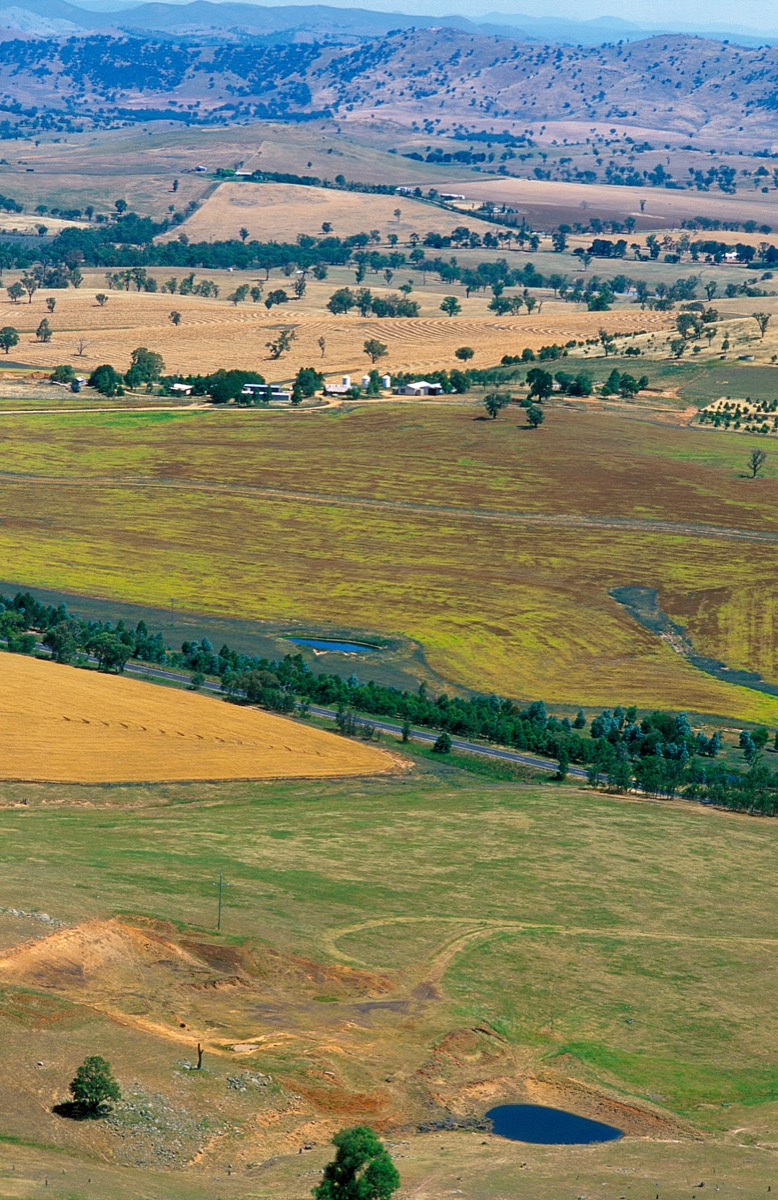 Aerial view of rolling farmland